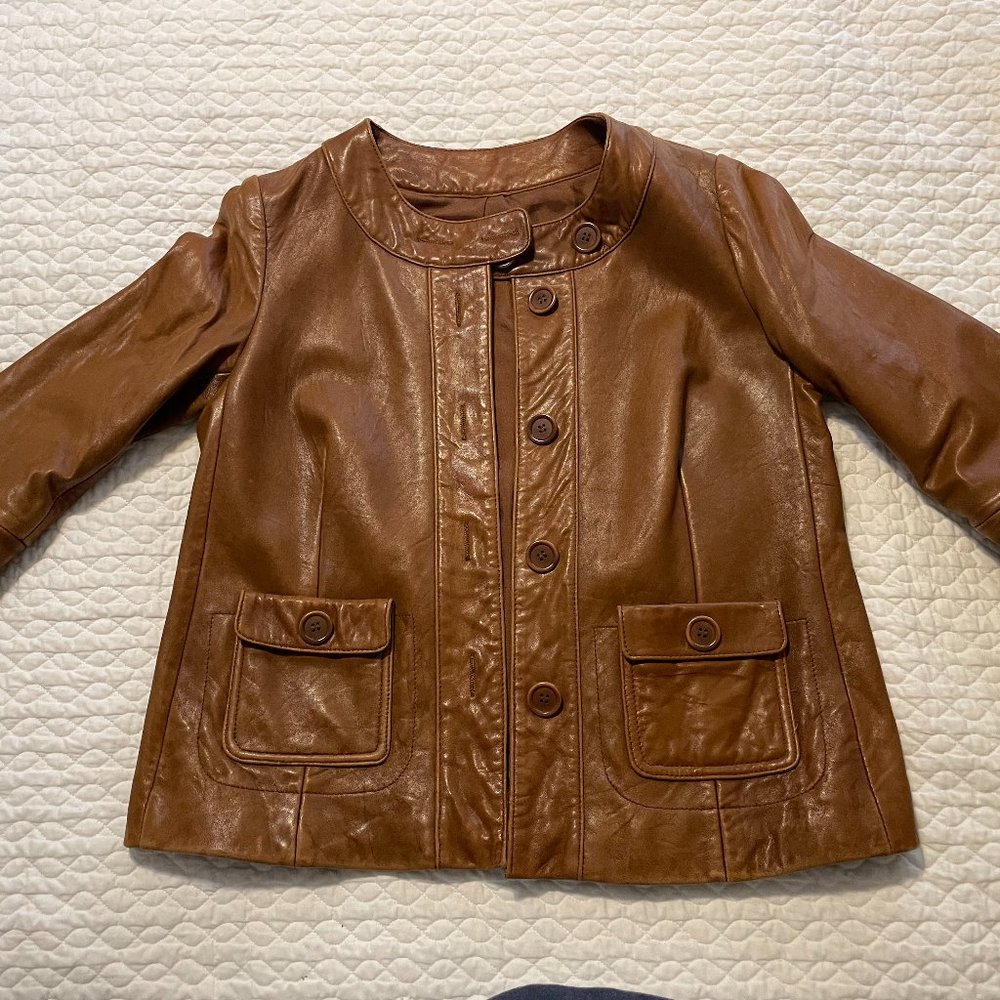 SOFT Calvin Klein Womens Brown Cognac Washable Leather Button Front Jacket Small